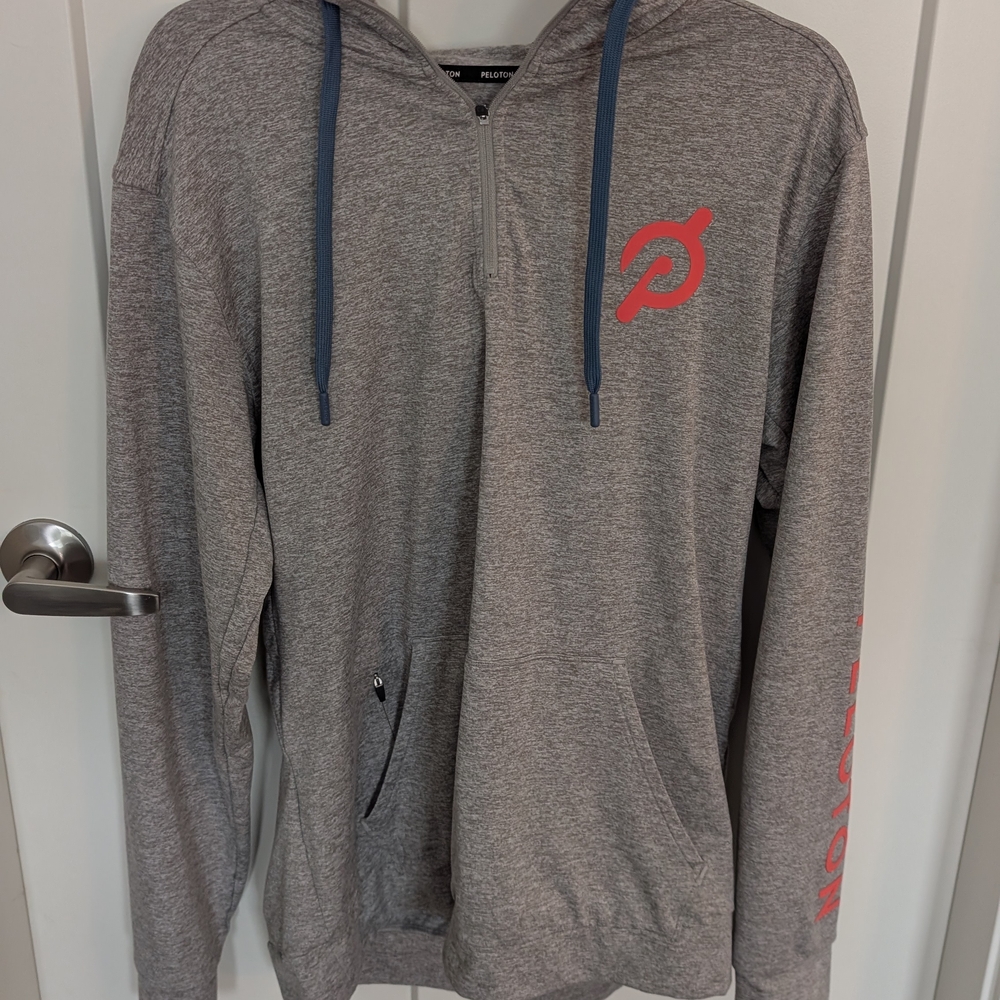 Peloton Gray and Red Athletic Hoodie Sweatshirt